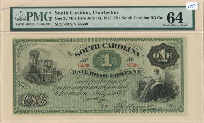 South Carolina Railroad Co. - Obsolete Note - Paper Money - PMG Graded 64 Choice Uncirculated